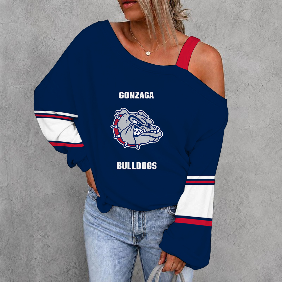 [SLAM DUNK DEAL] NEW CUSTOMIZED NCAA MAM27 GOB GONZAGA BULLDOGS WOMEN'S OFF-SHOULDER LONG SLEEVE SHIRT
