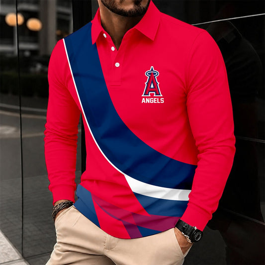 [HOMERUN DEAL] NEW CUSTOMIZED MLB27 LAA LOS ANGELES ANGELS MEN'S LONG SLEEVE POLO