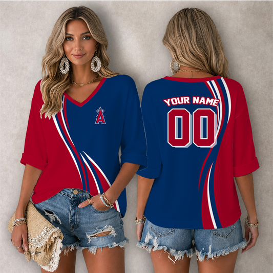[HOMERUN DEAL] NEW CUSTOMIZED MLB27 LAA LOS ANGELES ANGELS WOMEN'S HEART V-NECK LONG SLEEVE SHIRT