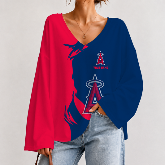 [HOMERUN DEAL] NEW CUSTOMIZED MLB27 LAA LOS ANGELES ANGELS V-NECK LONG SLEEVED CROP TOP