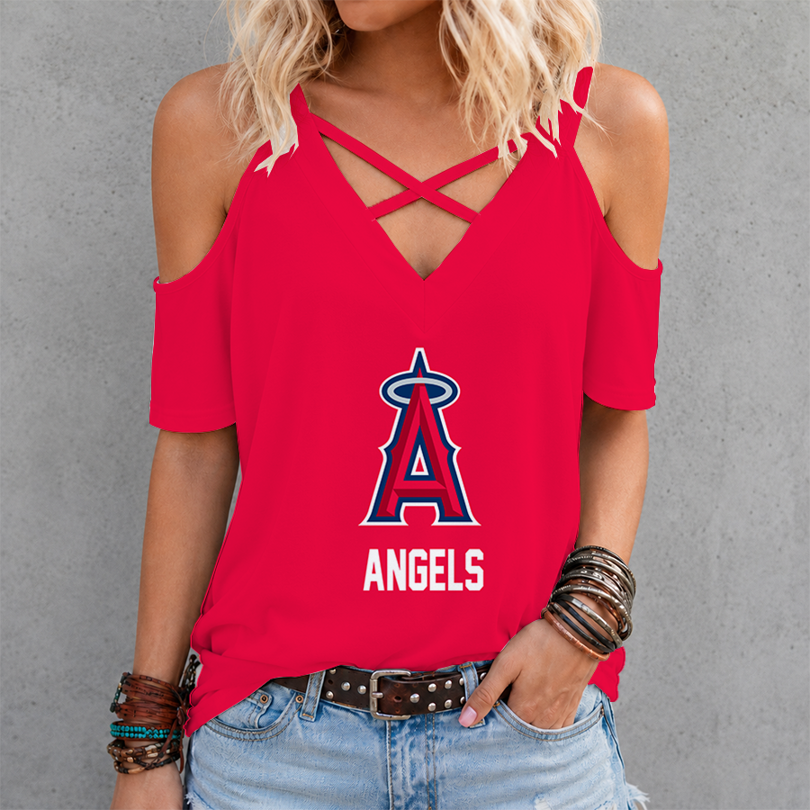 [HOMERUN DEAL] NEW CUSTOMIZED MLB27 LAA LOS ANGELES ANGELS CRISS CROSS V-NECK TOP