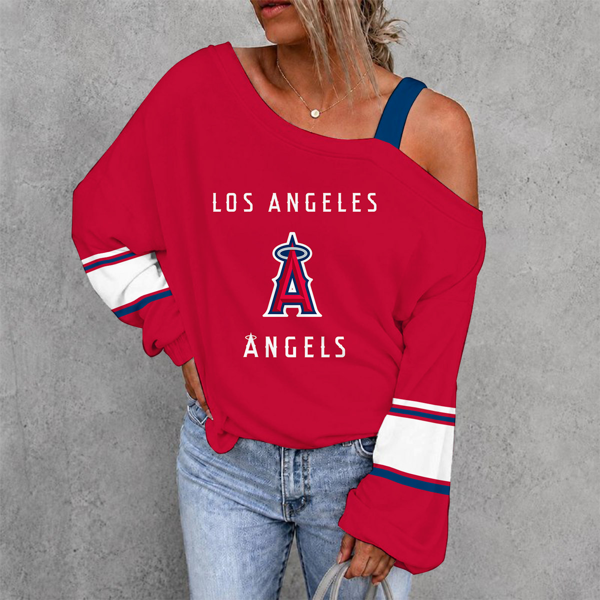 [HOMERUN DEAL] NEW CUSTOMIZED MLB27 LAA LOS ANGELES ANGELS WOMEN'S OFF-SHOULDER LONG SLEEVE SHIRT