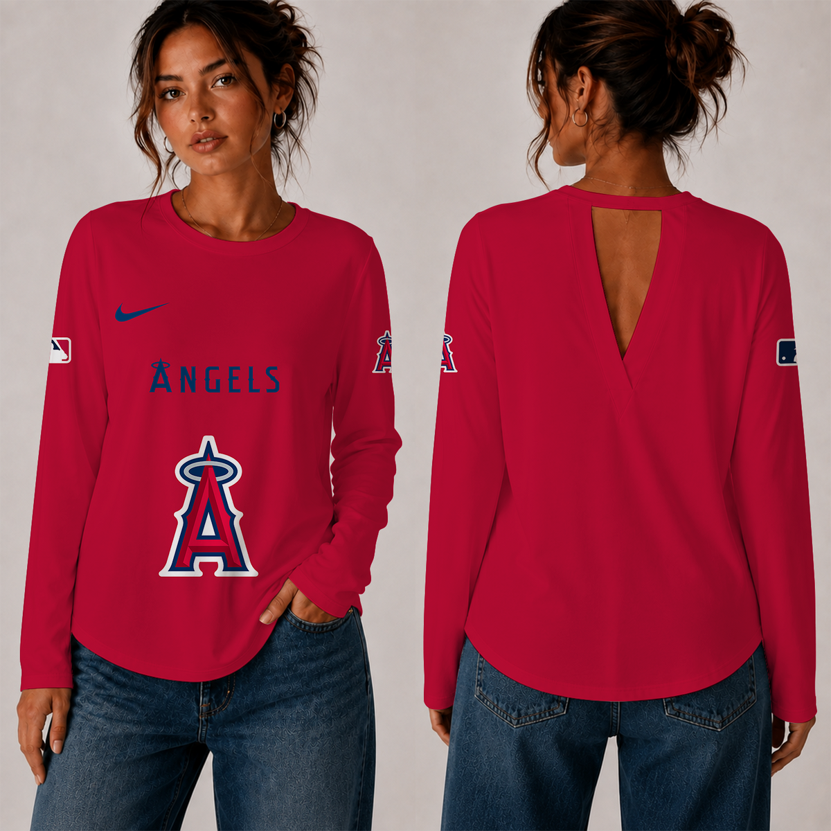 [HOMERUN DEAL] NEW CUSTOMIZED MLB27 LAA THE ANGELS WOMEN'S BACK V-CUT LONG-SLEEVE SHIRT