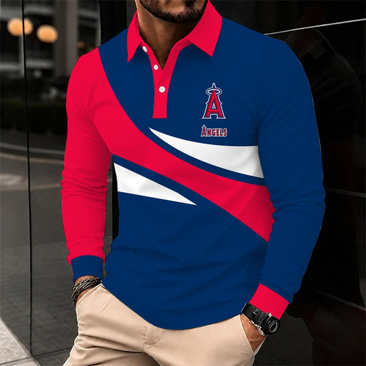 [HOMERUN DEAL] NEW CUSTOMIZED MLB27 LAA LOS ANGELES ANGELS MEN'S LONG SLEEVE POLO