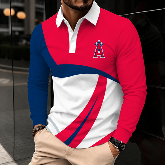 [HOMERUN DEAL] NEW CUSTOMIZED MLB27 LAA LOS ANGELES ANGELS MEN'S LONG SLEEVE POLO