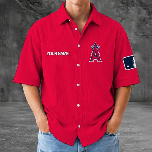 [HOMERUN DEAL] NEW CUSTOMIZED MLB27 LAA LOS ANGELES ANGELS SEERSUCKER BUTTON SHIRT