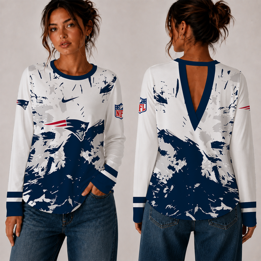 [TOUCHDOWN DEAL] NEW CUSTOMIZED NFL27 NEP NEW ENGLAND PATRIOTS WOMEN'S BACK V-CUT LONG-SLEEVE SHIRT