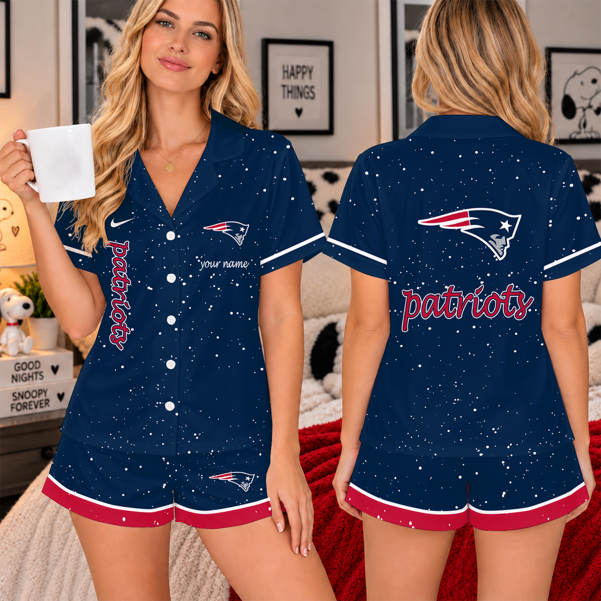 [TOUCHDOWN DEAL] NEW CUSTOMIZED NFL27 NEP THE PATRIOTS WOMEN'S V-NECK SHORT PAJAMAS SET