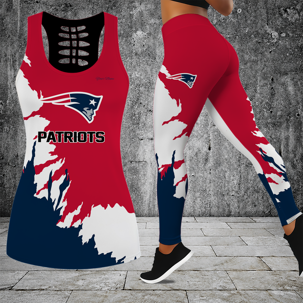 [TOUCHDOWN DEAL] NEW CUSTOMIZED NFL27 NEP NEW ENGLAND PATRIOTS HOLLOW TANK TOP & LEGGINGS SET