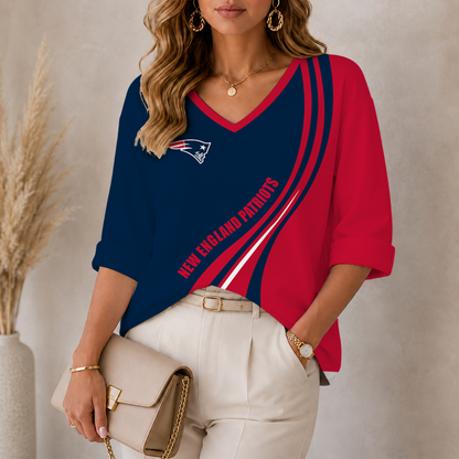 [SPECIAL OFFER] NEW CUSTOMIZED NFL27 NEP NEW ENGLAND PATRIOTS WOMEN'S HEART V-NECK LONG SLEEVE SHIRT