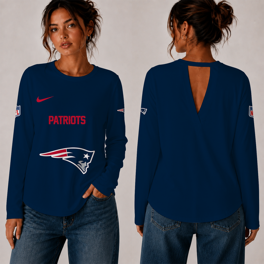 [TOUCHDOWN DEAL] NEW CUSTOMIZED NFL27 NEP THE PATRIOTS WOMEN'S BACK V-CUT LONG-SLEEVE SHIRT