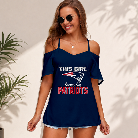 [SPECIAL OFFER] NEW CUSTOMIZED NFL27 NEP NEW ENGLAND PATRIOTS WOMEN'S STRAPPY OFF-SHOULDER TOP