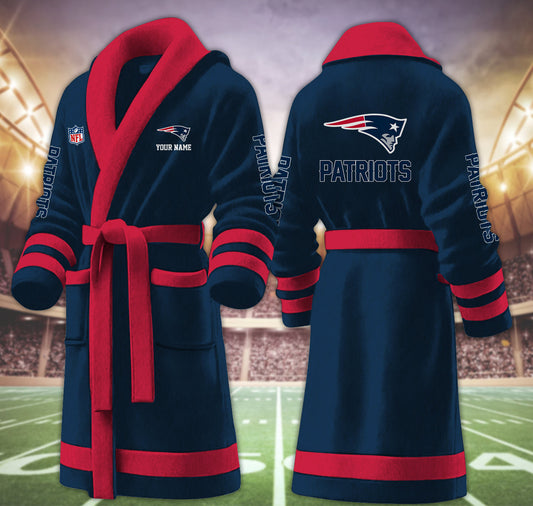 [TOUCHDOWN DEAL] NEW CUSTOMIZED NFL27 NEP NEW ENGLAND PATRIOTS MULTICOLOR FLEECE BATHROBE