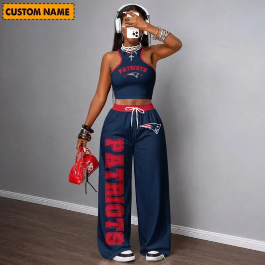[TOUCHDOWN DEAL] NEW CUSTOMIZED NFL27 NEP NEW ENGLAND PATRIOTS WOMEN'S CROP TOP & LONGPANTS SET