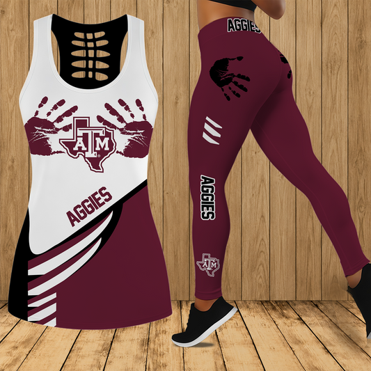 [HOMERUN DEAL] NEW CUSTOMIZED NCAA CWS27 TAA TEXAS A&M AGGIES HOLLOW TANK TOP & LEGGINGS SET