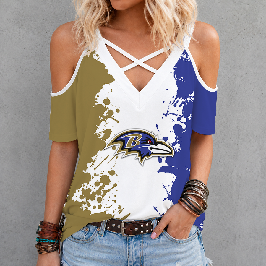 [TOUCHDOWN DEAL] NEW CUSTOMIZED NFL28 BTR BALTIMORE RAVENS CRISS CROSS V-NECK TOP