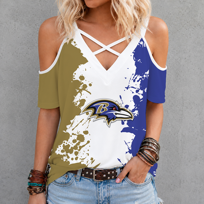 [TOUCHDOWN DEAL] NEW CUSTOMIZED NFL28 BTR BALTIMORE RAVENS CRISS CROSS V-NECK TOP
