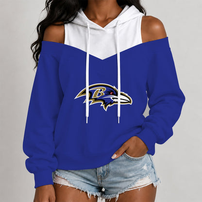 [TOUCHDOWN DEAL] NEW CUSTOMIZED NFL28 BTR THE RAVENS WOMEN'S OFF-SHOULDER HOODIE