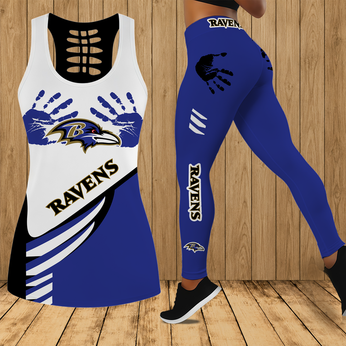 [TOUCHDOWN DEAL] NEW CUSTOMIZED NFL28 BTR BALTIMORE RAVENS HOLLOW TANK TOP & LEGGINGS SET