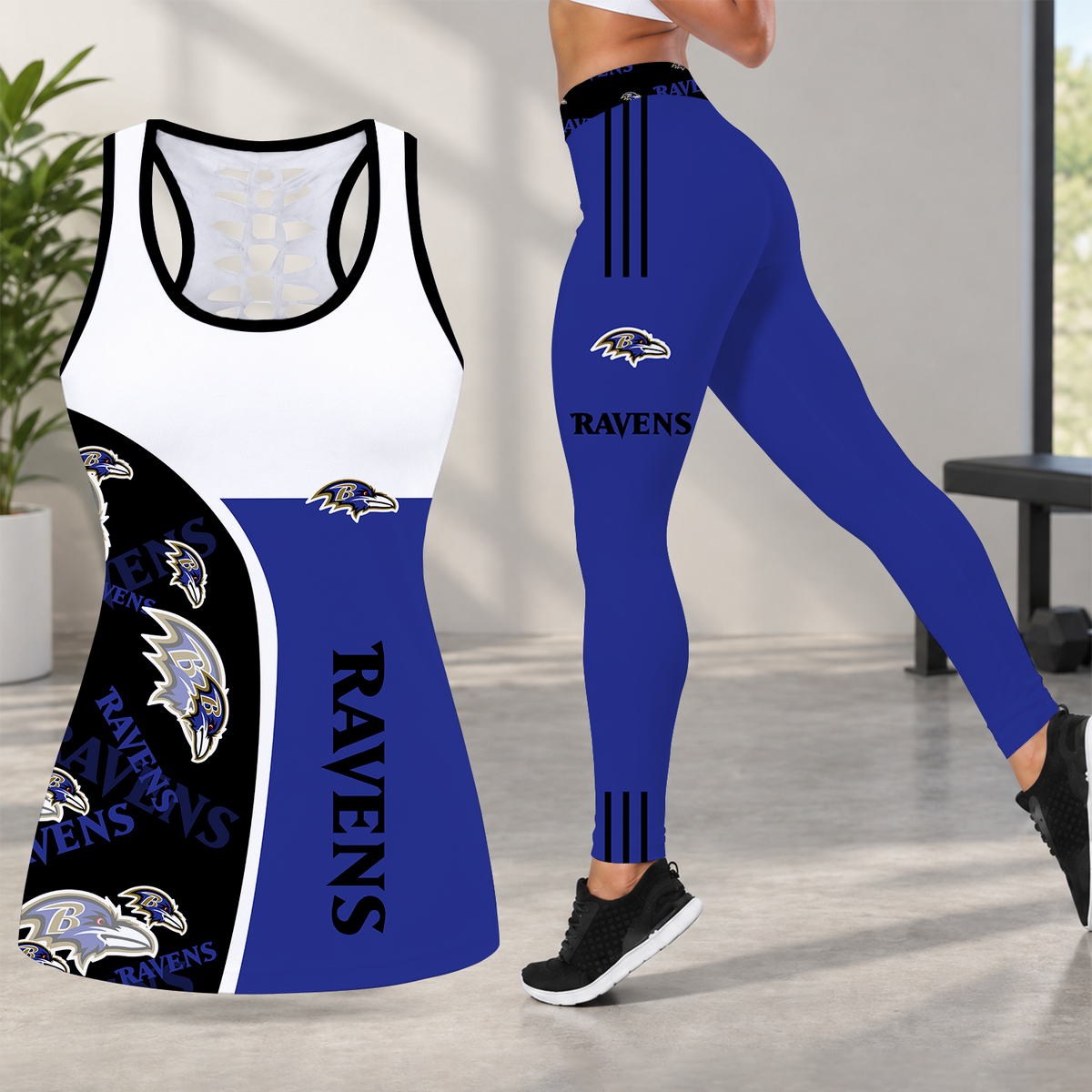 [TOUCHDOWN DEAL] NEW CUSTOMIZED NFL28 BTR BALTIMORE RAVENS HOLLOW TANK TOP & LEGGINGS SET