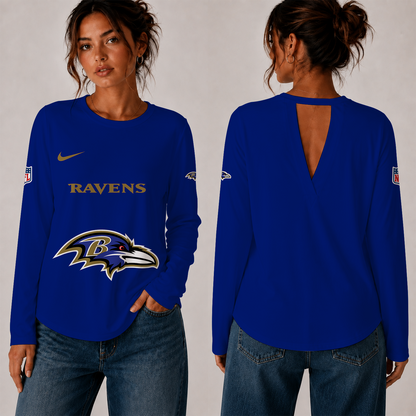 [TOUCHDOWN DEAL] NEW CUSTOMIZED NFL28 BTR THE RAVENS WOMEN'S BACK V-CUT LONG-SLEEVE SHIRT