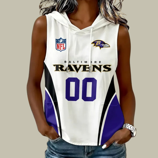 [TOUCHDOWN DEAL] NEW CUSTOMIZED NFL28 BTR BALTIMORE RAVENS WOMEN'S SLEEVELESS HOODED POCKET TANK TOP