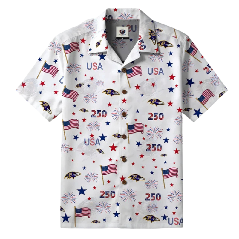 [TOUCHDOWN DEAL] NEW CUSTOMIZED NFL28 BTR BALTIMORE RAVENS PATRIOTIC 250 USA HAWAIIAN SHIRT