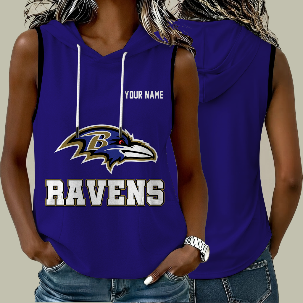 [TOUCHDOWN DEAL] NEW CUSTOMIZED NFL28 BTR BALTIMORE RAVENS WOMEN'S SLEEVELESS HOODED POCKET TANK TOP