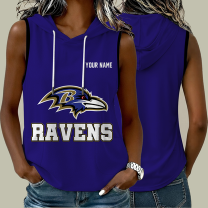 [TOUCHDOWN DEAL] NEW CUSTOMIZED NFL28 BTR BALTIMORE RAVENS WOMEN'S SLEEVELESS HOODED POCKET TANK TOP