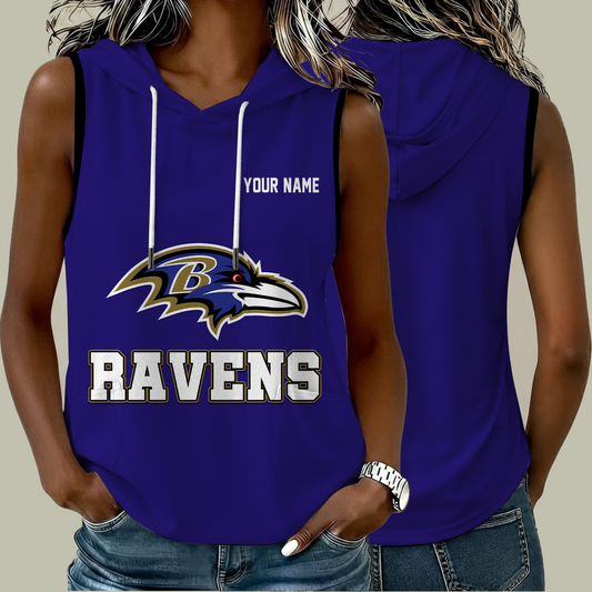 [TOUCHDOWN DEAL] NEW CUSTOMIZED NFL28 BTR BALTIMORE RAVENS WOMEN'S SLEEVELESS HOODED POCKET TANK TOP