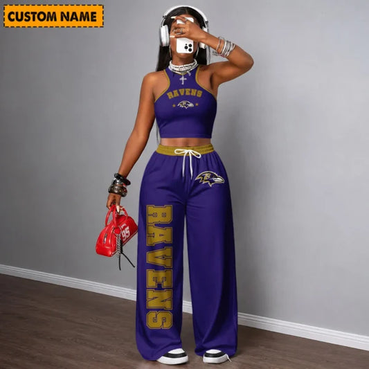 [TOUCHDOWN DEAL] NEW CUSTOMIZED NFL28 BTR BALTIMORE RAVENS WOMEN'S CROP TOP & LONGPANTS SET