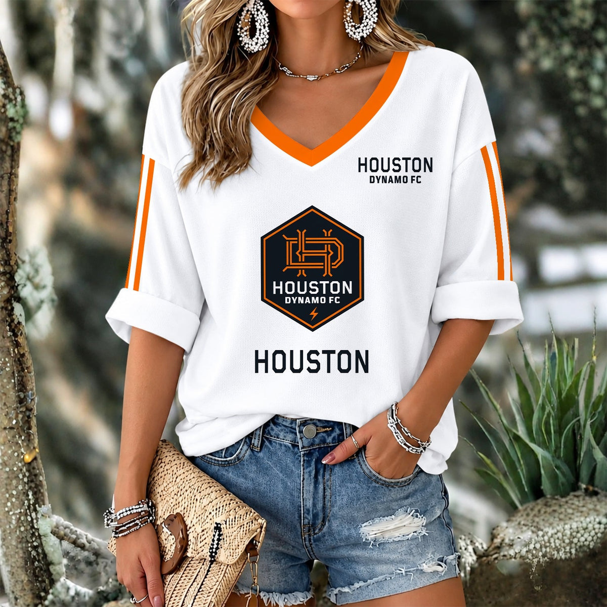 [GOAL DEAL] NEW CUSTOMIZED MLS28 HDF HOUSTON DYNAMO FC WOMEN'S V-NECK LONG SLEEVE SHIRT
