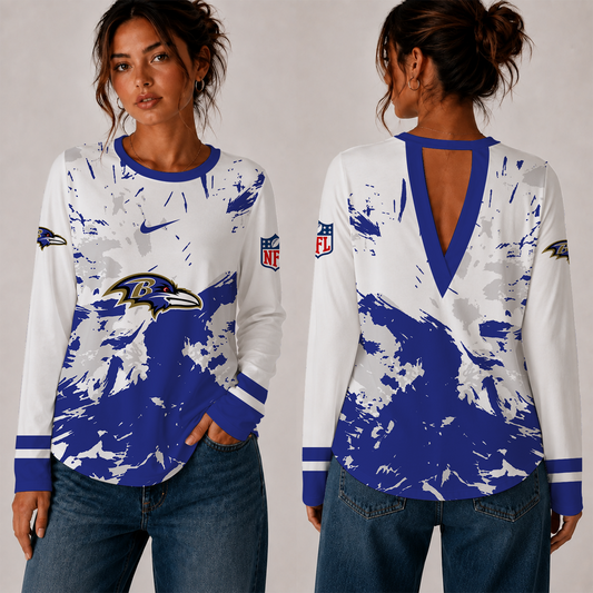 [TOUCHDOWN DEAL] NEW CUSTOMIZED NFL28 BTR BALTIMORE RAVENS WOMEN'S BACK V-CUT LONG-SLEEVE SHIRT