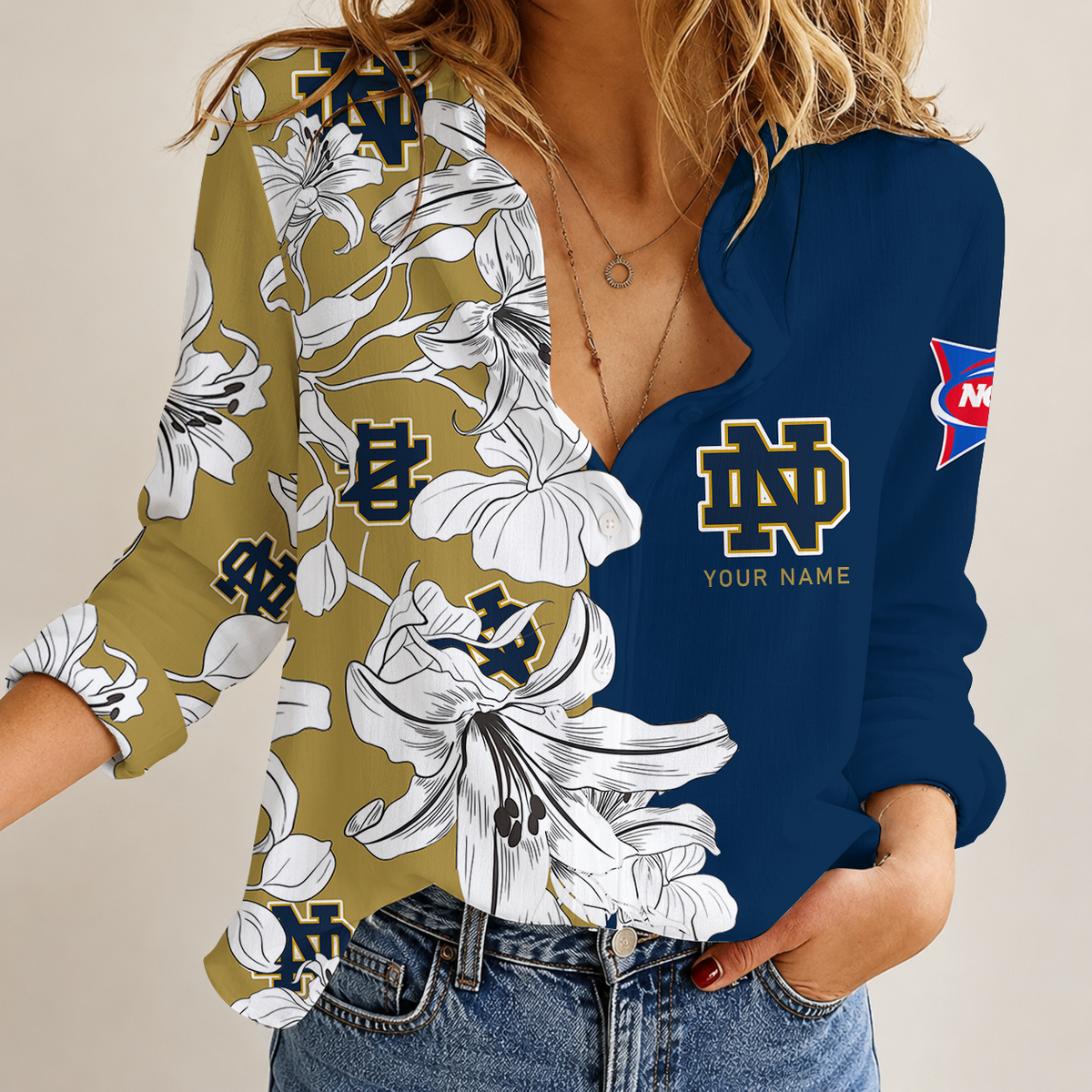 [TOUCHDOWN DEAL] NEW CUSTOMIZED NCAA FBS28 NFI NOTRE DAME FIGHTING IRISH WOMEN CASUAL SHIRT