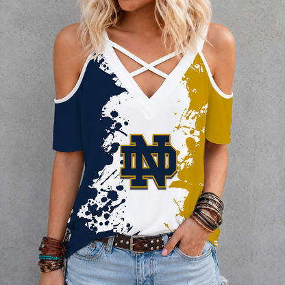 [TOUCHDOWN DEAL]NEW CUSTOMIZED NCAA FBS28 NFI NOTRE DAME FIGHTING IRISH CRISS CROSS V-NECK TOP