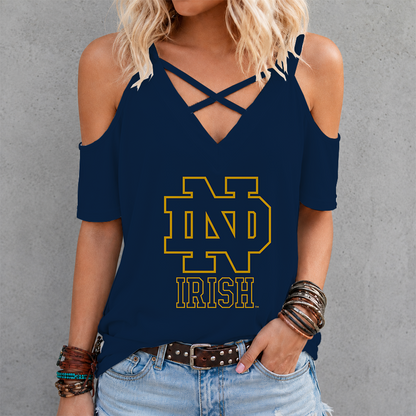 [FAN FAVORITE] NEW CUSTOMIZED NCAA FBS28 NFI NOTRE DAME FIGHTING IRISH CRISS CROSS V-NECK TOP