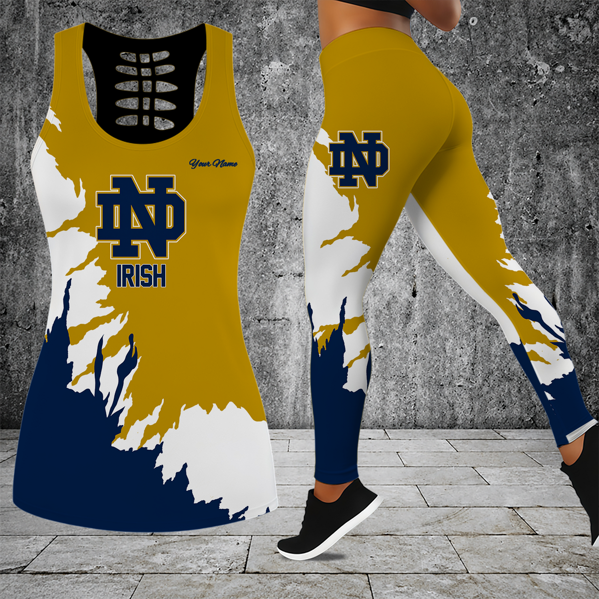 [TOUCHDOWN DEAL] NEW CUSTOMIZED NCAA FBS28 NFI NOTRE DAME FIGHTING IRISH HOLLOW TANK TOP & LEGGINGS SET