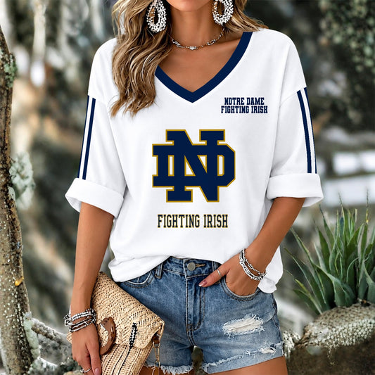 [TOUCHDOWN DEAL] NEW CUSTOMIZED NCAA FBS28 NFI NOTRE DAME FIGHTING IRISH WOMEN'S V-NECK LONG SLEEVE SHIRT