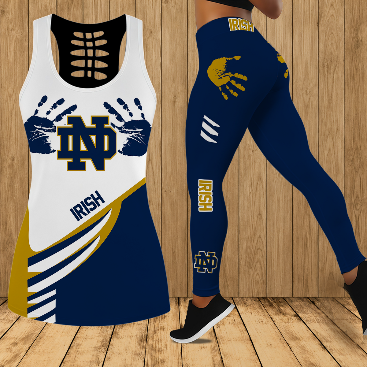 [TOUCHDOWN DEAL]NEW CUSTOMIZED NCAA FBS28 NFI NOTRE DAME FIGHTING IRISH HOLLOW TANK TOP & LEGGINGS SET