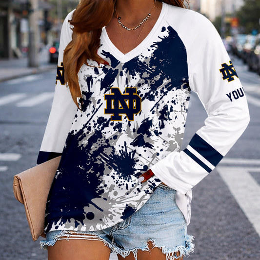 [TOUCHDOWN DEAL] NEW CUSTOMIZED NCAA FBS28 NFI NOTRE DAME FIGHTING IRISH WOMEN'S V-NECK LONG SLEEVED SHIRT