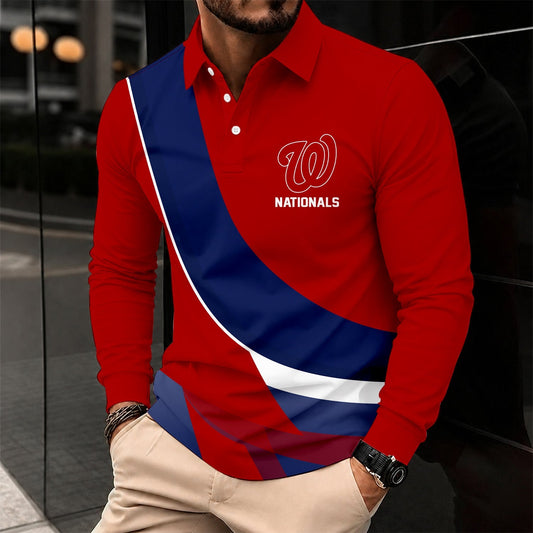 [HOMERUN DEAL] NEW CUSTOMIZED MLB28 WNS WASHINGTON NATIONALS MEN'S LONG SLEEVE POLO