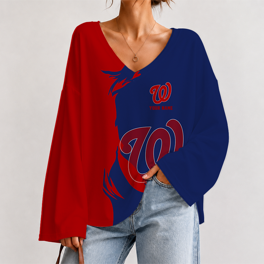 [HOMERUN DEAL] NEW CUSTOMIZED MLB28 WNS WASHINGTON NATIONALS V-NECK LONG SLEEVED CROP TOP