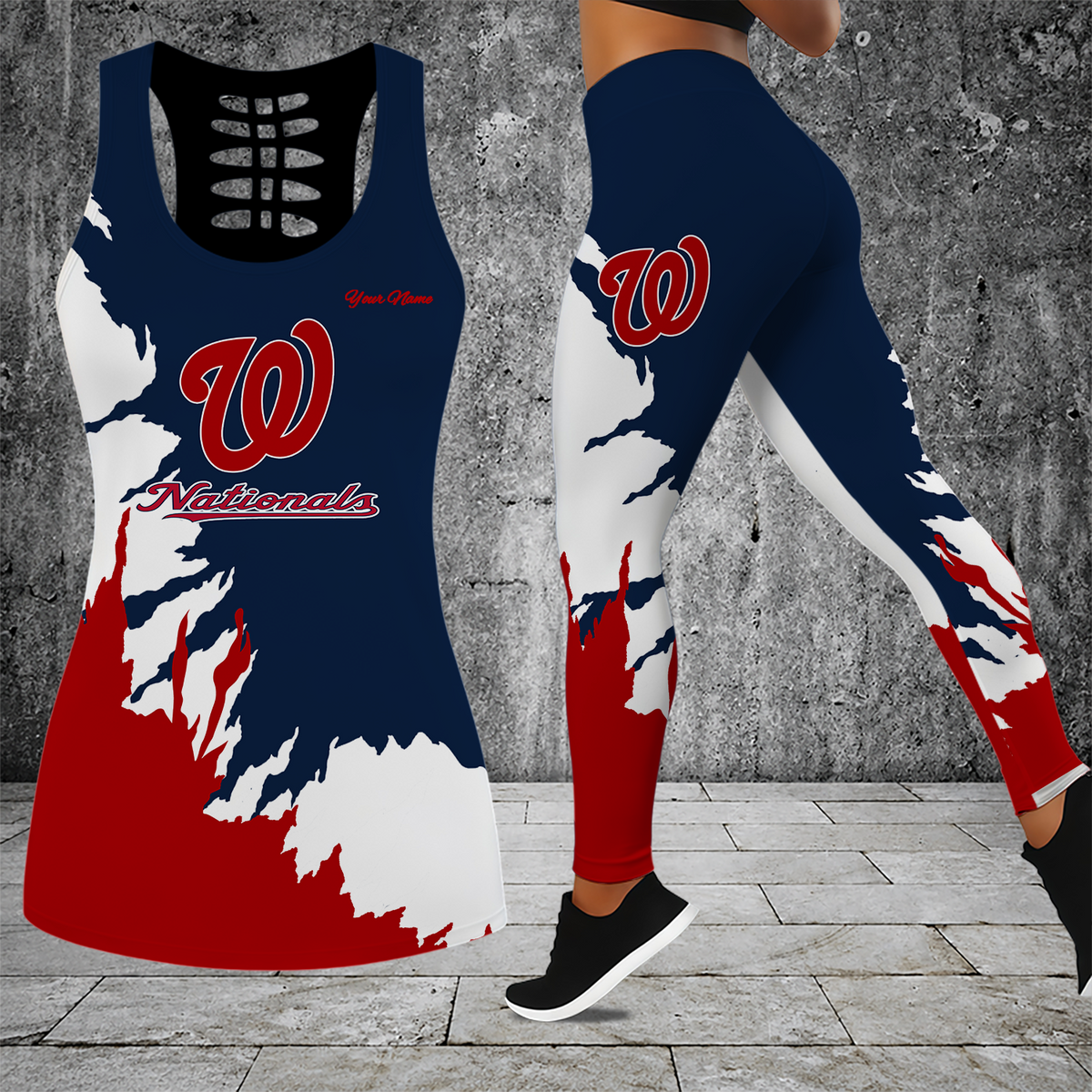 [HOMERUN DEAL] NEW CUSTOMIZED MLB28 WNS WASHINGTON NATIONALS HOLLOW TANK TOP & LEGGINGS SET