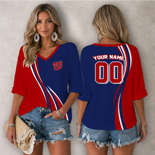 [HOMERUN DEAL] NEW CUSTOMIZED MLB28 WNS WASHINGTON NATIONALS WOMEN'S HEART V-NECK LONG SLEEVE SHIRT