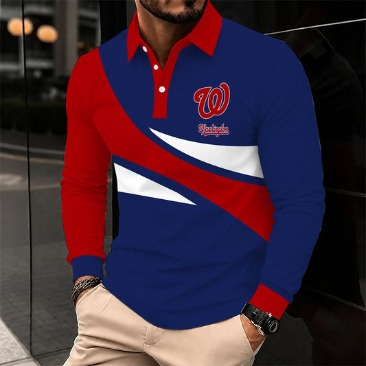 [HOMERUN DEAL] NEW CUSTOMIZED MLB28 WNS WASHINGTON NATIONALS MEN'S LONG SLEEVE POLO