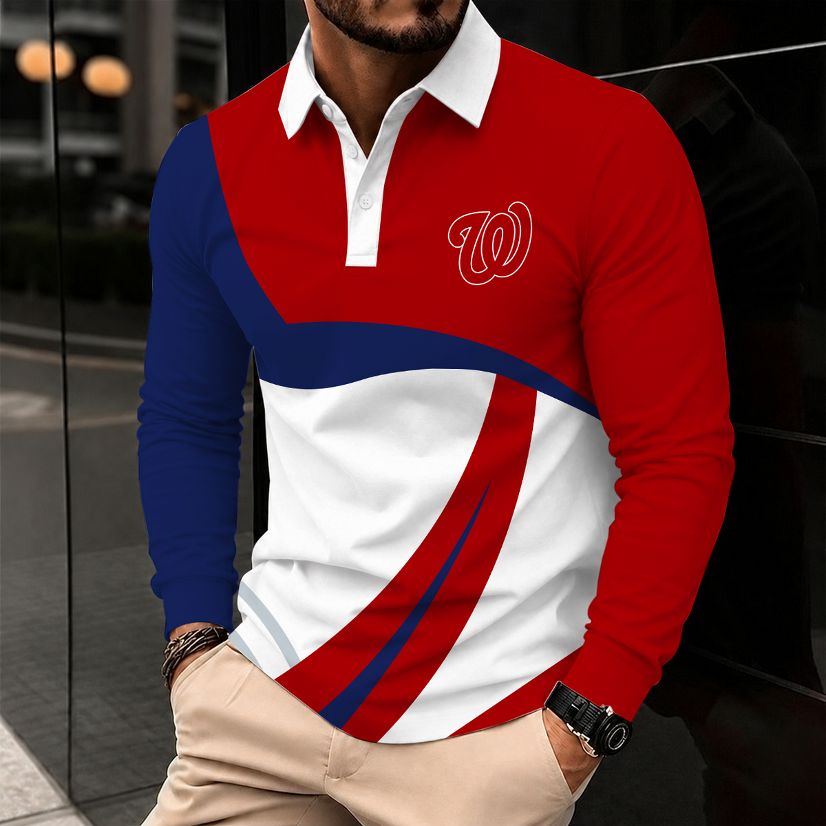 [HOMERUN DEAL] NEW CUSTOMIZED MLB28 WNS WASHINGTON NATIONALS MEN'S LONG SLEEVE POLO