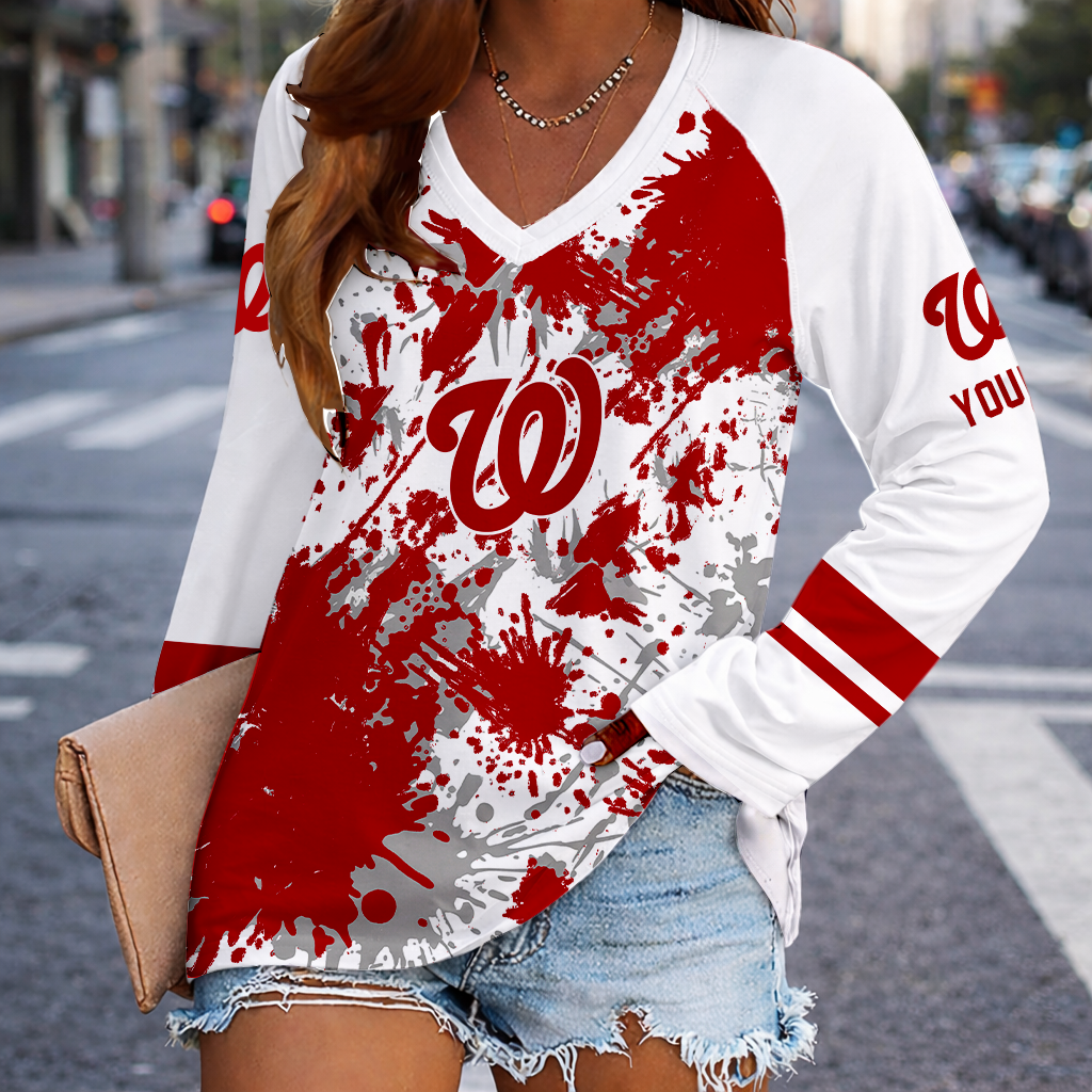 [HOMERUN DEAL] NEW CUSTOMIZED MLB28 WNS WASHINGTON NATIONALS WOMEN'S V-NECK LONG SLEEVED SHIRT