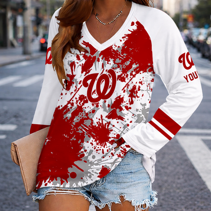 [HOMERUN DEAL] NEW CUSTOMIZED MLB28 WNS WASHINGTON NATIONALS WOMEN'S V-NECK LONG SLEEVED SHIRT