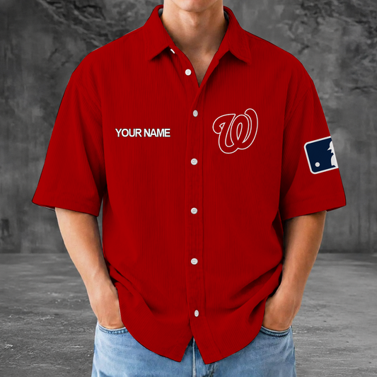 [HOMERUN DEAL] NEW CUSTOMIZED MLB28 WNS WASHINGTON NATIONALS SEERSUCKER BUTTON SHIRT