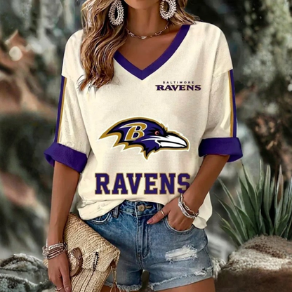 [TOUCHDOWN DEAL] NEW CUSTOMIZED NFL28 BTR BALTIMORE RAVENS WOMEN'S HEART V-NECK LONG SLEEVE SHIRT